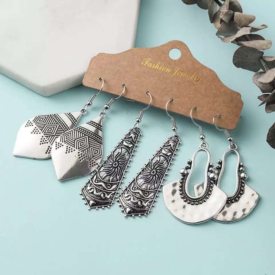 6 pair bohemian boho earrings set Silver Tone 004