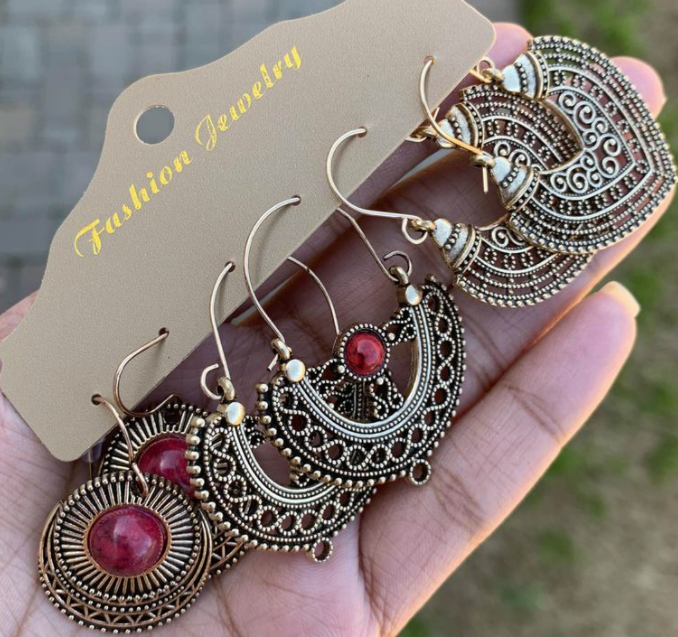 Bohemian Boho Earring Sets - 3 Pairs Antique Style Jewelry with Red Stones and Intricate Designs glamorous formal jewelry- 006