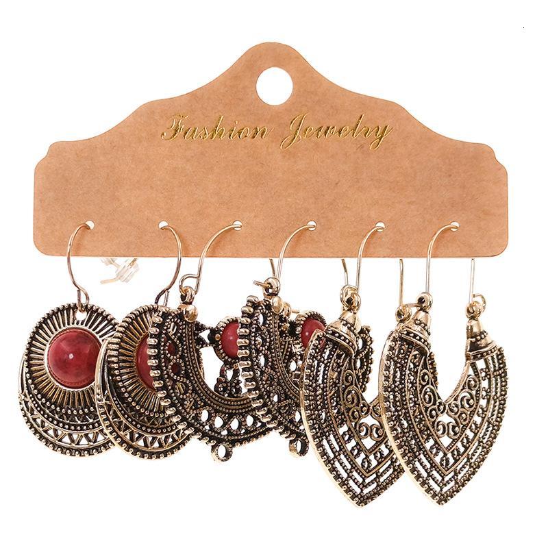 Bohemian Boho Earring Sets - 3 Pairs Antique Style Jewelry with Red Stones and Intricate Designs glamorous formal jewelry- 006