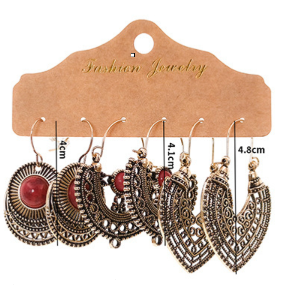 Bohemian Boho Earring Sets - 3 Pairs Antique Style Jewelry with Red Stones and Intricate Designs glamorous formal jewelry- 006